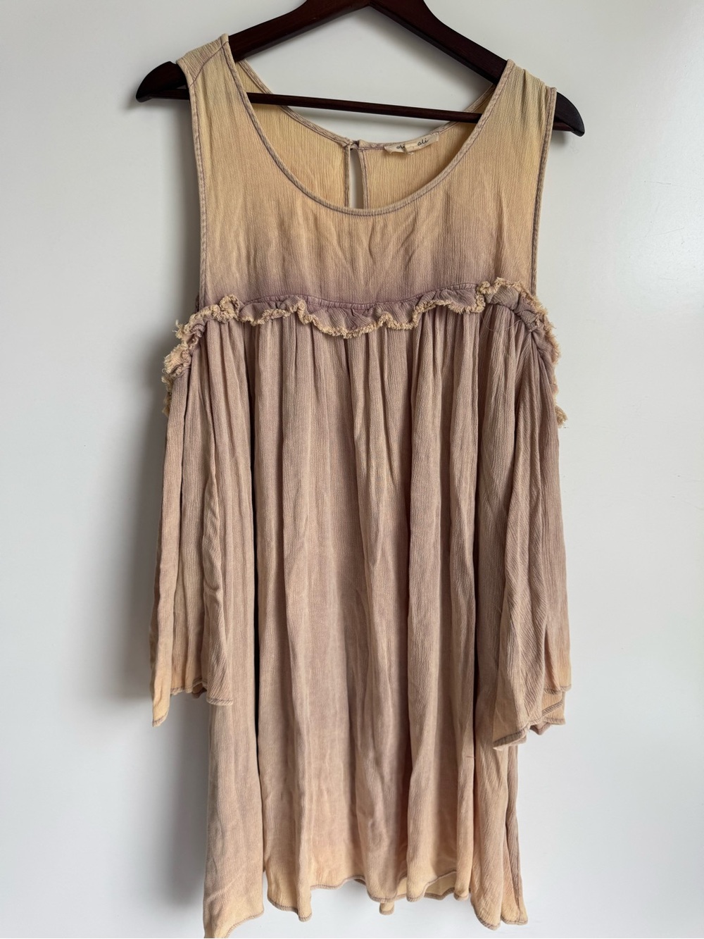 Oli & Hali Boho Peasant Top Womens Large Beige Purple Cold Shoulder Ruffle Gauze